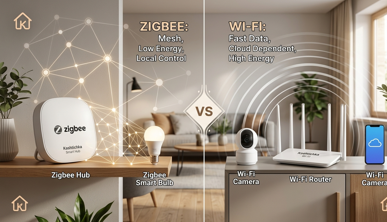 Визуално сравнение между Zigbee mesh мрежа и стандартна Wi-Fi връзка за умен дом в Пловдив.