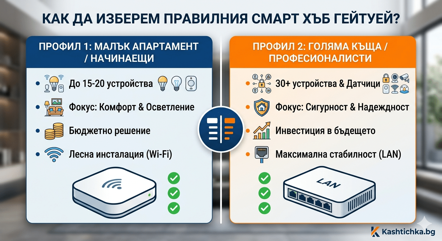 Чек-лист и сценарии за избор между Wi-Fi и LAN смарт хъб гейтуей за къща или апартамент.