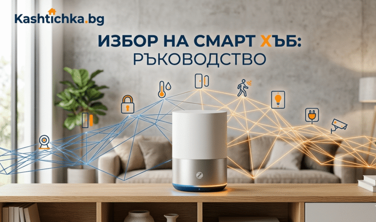 Централен смарт хъб за умен дом, свързан безжично с датчици, смарт брава и сензори за сигурност в модерен хол