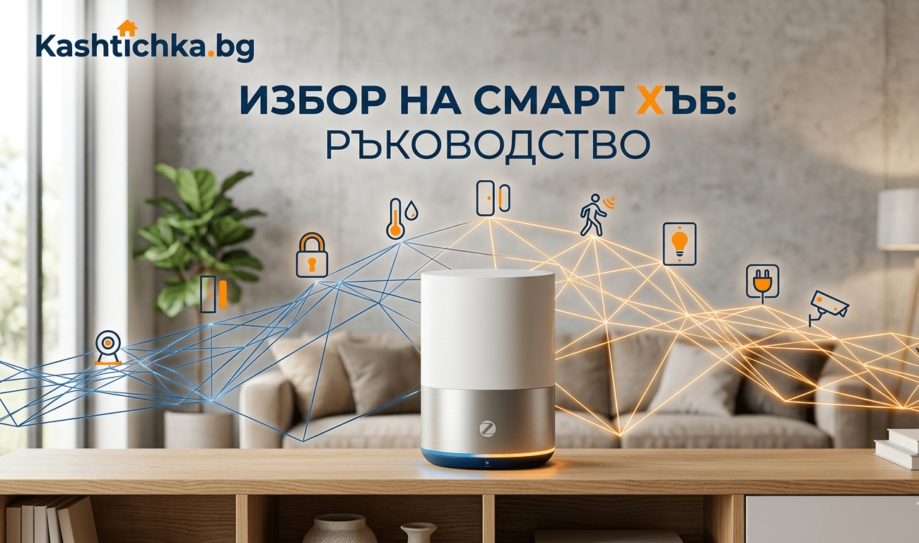 Централен смарт хъб за умен дом, свързан безжично с датчици, смарт брава и сензори за сигурност в модерен хол