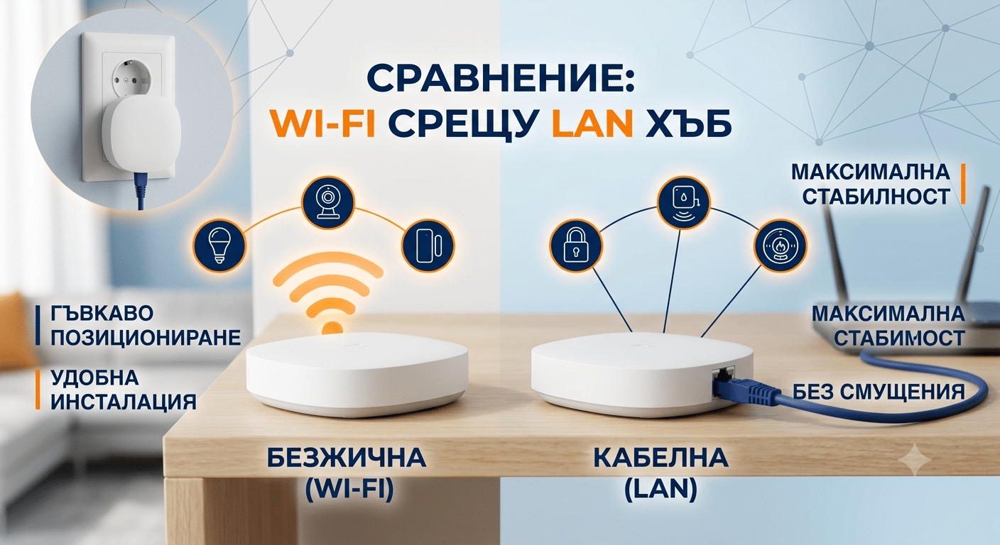 Сравнение между безжичен Wi-Fi и кабелен LAN смарт хъб гейтуей за умен дом.