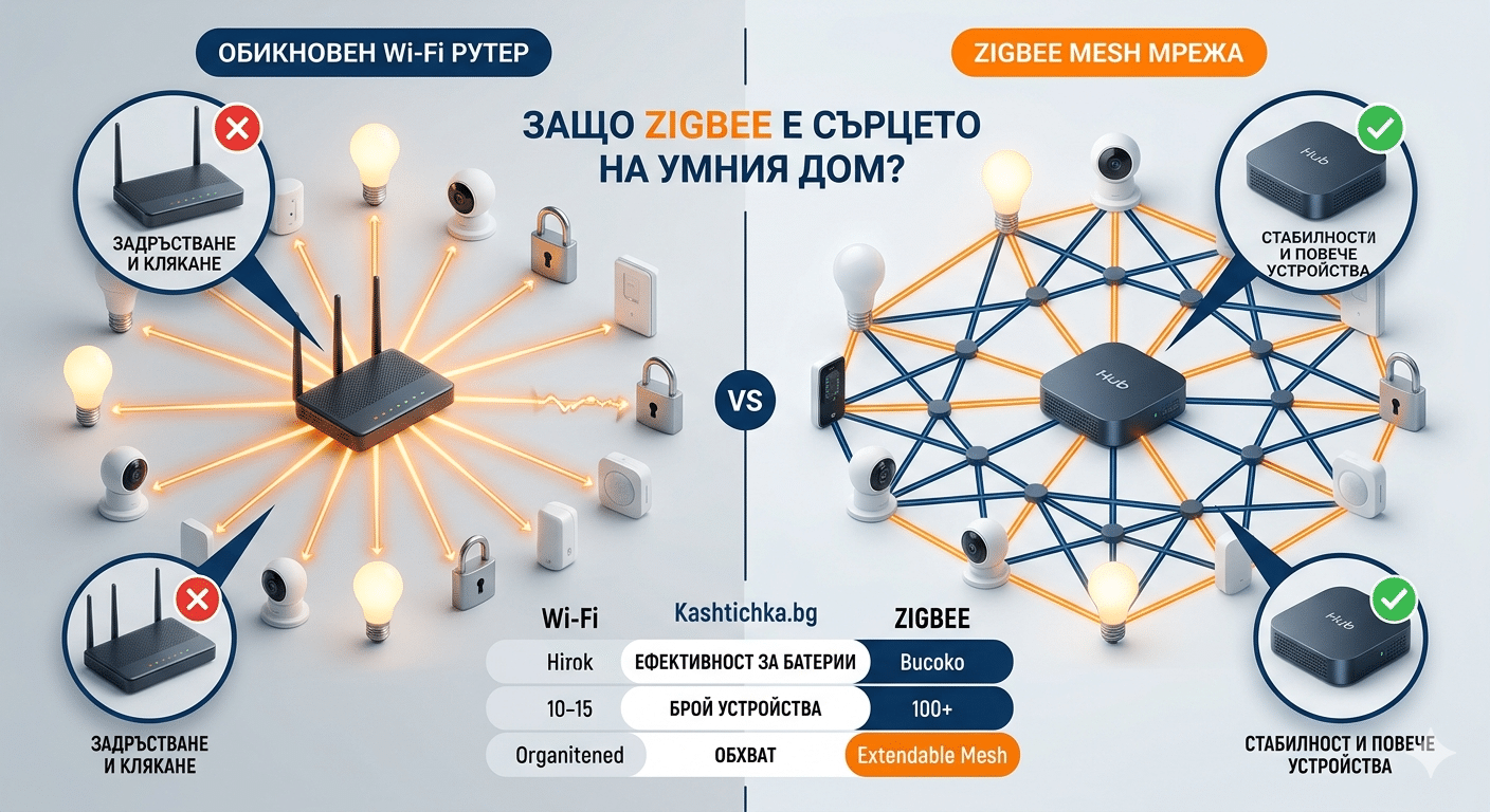 Сравнение между Zigbee mesh мрежа и стандартна Wi-Fi връзка за умни датчици в умен дом.